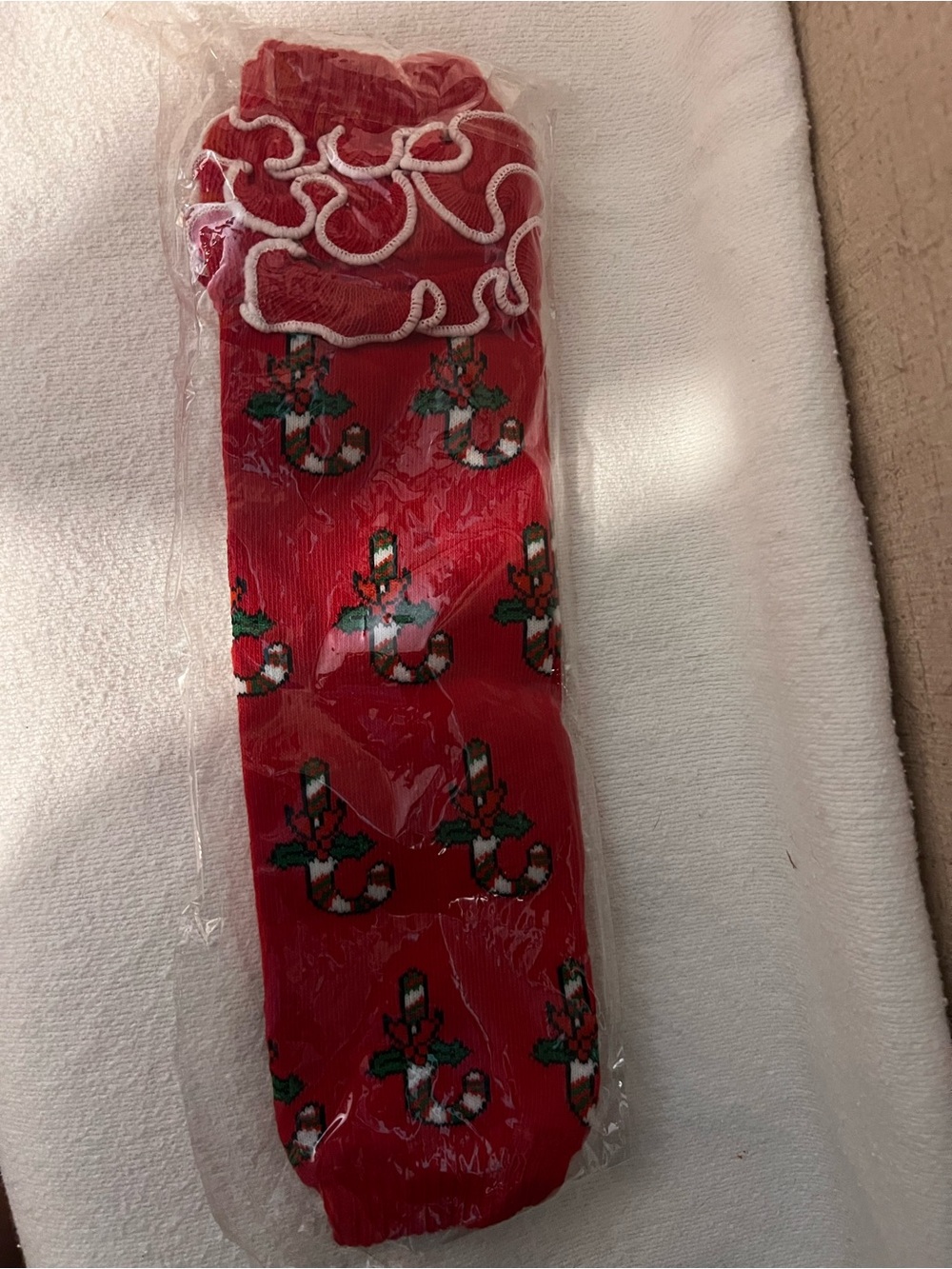 Kids Red Ruffle Top Socks with Candy Cane Motif